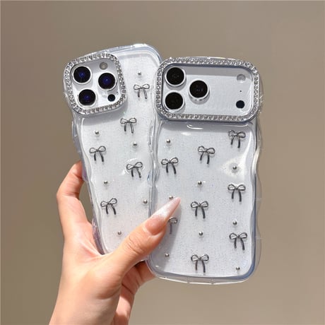 メタルリボン iPhone17/17Proケース うねうねライン ジュエリー iPhone16Pro/15/14ケース 透明 甘め [M6404]