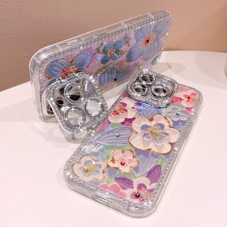 ジュエリーカメラカバースタンド iPhone17/16Proケース 油絵花柄 iPhone15pro/14/13カバー 綺麗 多機能便利[M5586]