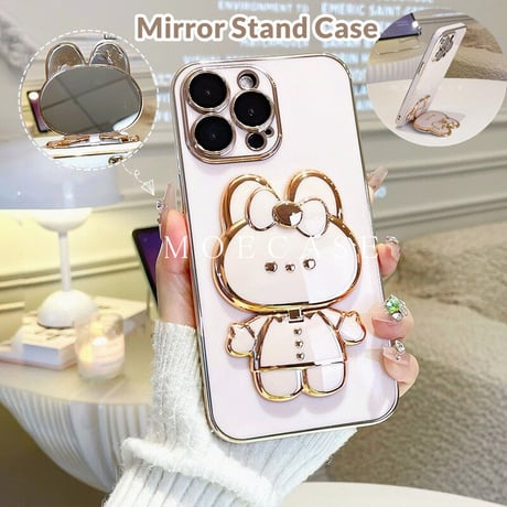 兎ミラースタンド  iPhone14/15Proケース  かわいい 多機能 メッキ アイフォン13/12mini/11proカバー オシャレ ギフトにおすすめ[M2701]