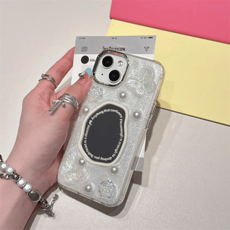 女子力アップ ミラーiPhone15/15proケース パール/蝶デコ iPhone14/13pro/12ケース かわいい きれい[M4357]