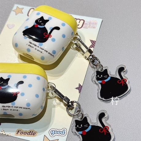 黒猫 Airpods 4ケース 水玉模様  Airpods3/Pro2ケース airpodspro2カバー  猫キーチェーン付 大人可愛い [M5208]