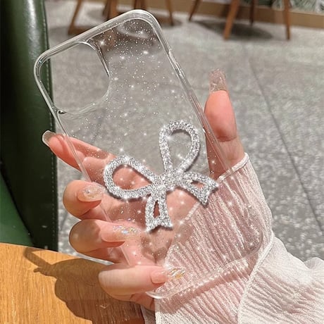 ジュエリーリボンiPhone15/15proケース キラキララメ入り iPhone14pro/13/12カバー きれい ガールズファッション M4170]