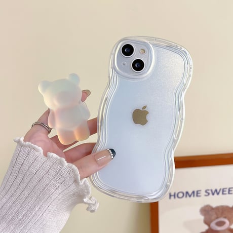 【iPhone15対応】クマさんスタンド iphone14/13proケース  クリアiphone12/11カバー 波紋枠 高級感 可愛い 実用[M2215]