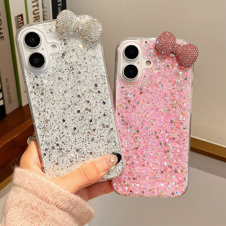 めっちゃ可愛い iPhone16/16Plusケース ダイヤリボン グリッター iPhone15pro/14/SEカバー 綺麗 キラキラ [M4860]