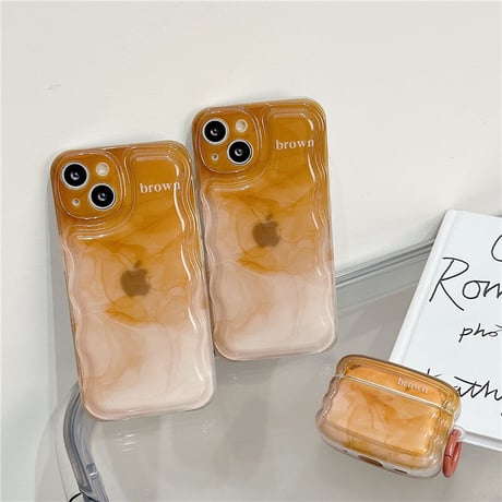 暈し染め 茶色 iphone14pro/13promaxケース 高級感 お揃い AirpodsPro2カバー 高品質  綺麗 黄ばまない 可愛い[M2658]