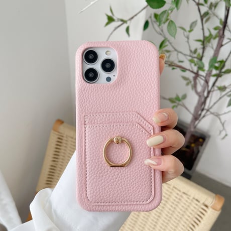 カード入れ2個 アイフォン14pro/14plusカバー リング付き iPhone13mini/12/11proケース レザー製 ハードケース  シンプル 実用 [M2545]