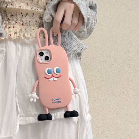 ウサギ iPhone14/13ケース ピンク シリコンアイフォン12/11カバー かわいい 耳持ち手 頑丈 プレゼントにおすすめ  [M3117]