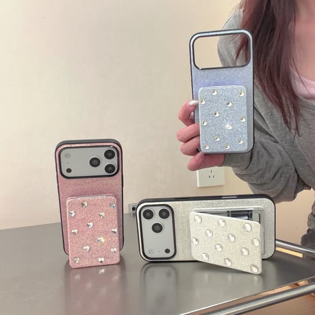 ダブルミラースタンド付 iPhone17Pro/17ケース ダイヤとラメいり iPhone16Promax/15pro/14ケース キラキラ感 高品質[M6356]