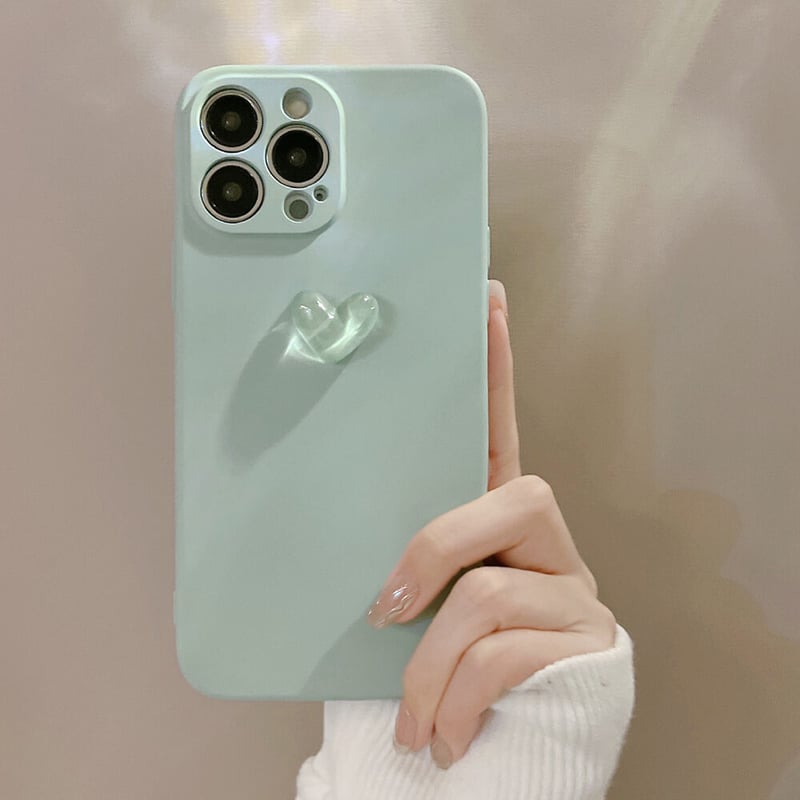 アイスグリーン iphone13mini/SE3ケース 透明ハート/リング付き