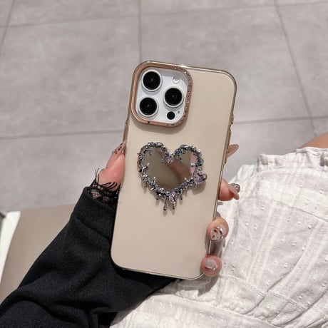 ダイヤハート鏡付 iPhone16/16proケース  ビジューデコ 高透明感クリア iPhone15Pro/14カバー 黄ばまない [M4783]