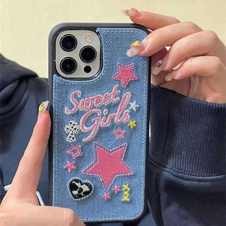 刺繡入り sweet girl iphone14/14promaxケース デニム お揃いアイフォン13/12/11カバー 星 可愛いプレゼントにおすすめ[M2251]