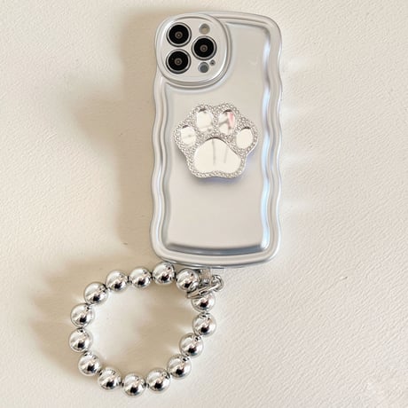 猫の手ミラーグリップ iPhone14/13proケース シルバーストラップ付 iPhone12pro/11/XSカバー 波紋枠 オシャレ スタンド 多機能[M2801]