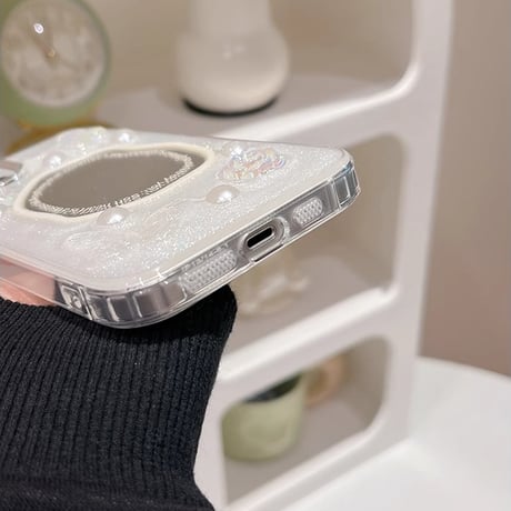 女子力アップ ミラーiPhone15/15proケース パール/蝶デコ iPhone14/13pro/12ケース かわいい きれい[M4357]