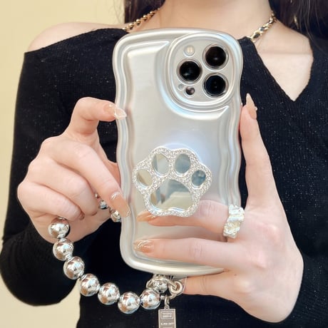 猫の手ミラーグリップ iPhone14/13proケース シルバーストラップ付 iPhone12pro/11/XSカバー 波紋枠 オシャレ スタンド 多機能[M2801]