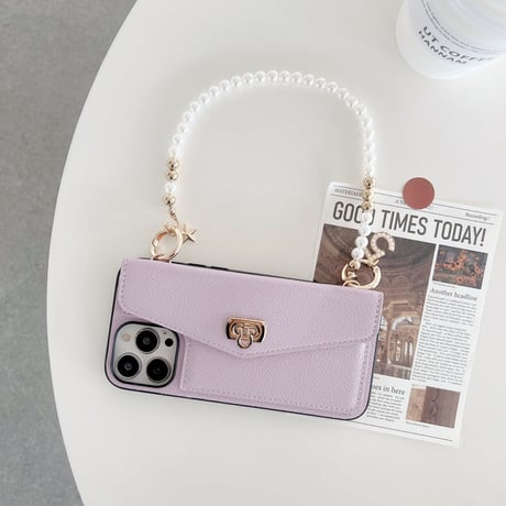 レザー カード収納  iphone14/14promaxケース 真珠ストラップ付 アイフォンSE3/13/12/11PROケース セレブ愛用 高級感 Girlsに大人気[M2473]