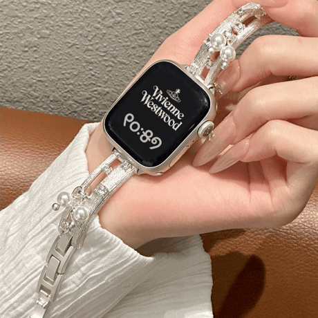 高品質ブレスレット風 アップルウォッチバンド パールデコ 透かし彫り AppleWatchブレスレット Series11/10/9/8 SE3/2 40/41/42mm 高品質上品 [M6281]