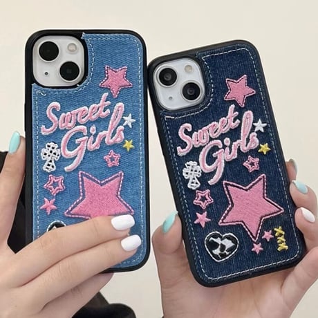 刺繡入り sweet girl iphone14/14promaxケース デニム お揃いアイフォン13/12/11カバー 星 可愛いプレゼントにおすすめ[M2251]