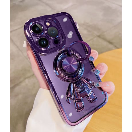 宇宙飛行士リング付 iPhone15/14proケース メッキクリアアイフォン13/12/11proカバー スタンド 便利 艶あり セレブ愛用 [M2637]