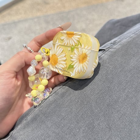 AirpodsPro3ケース 花柄  Airpods4/3/Pro2ケース キーホルダー付き イェロー うねうね 可愛い[M5668]
