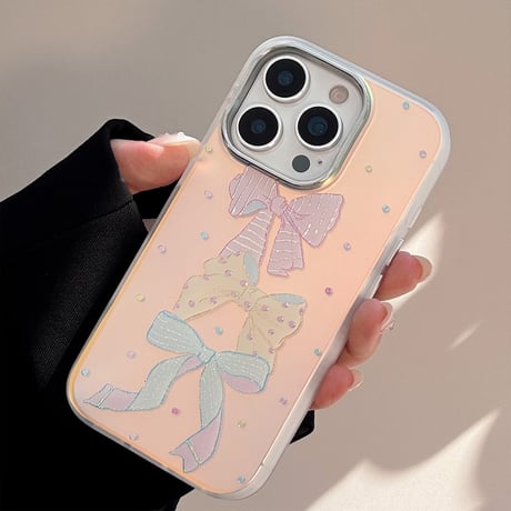 リボン柄 光るiPhone16pro/17ケース ダイヤデコ iPhone15pro/14/13カバー シック 可愛い [M5599]