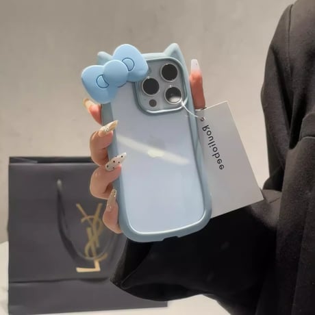 リボンデコ iPhone15/15プロケース 猫の耳 iPhone14pro/13pro/12カバー 可愛い 黄ばまない[M4318]