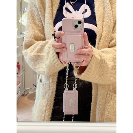 カード収納 iPhone15/15プロケース ショルダーチェーン付 ピンクiPhone14/13pro/12ケース かわいい 便利 [M4156]