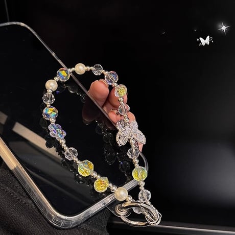 高級感 蝶 スマホストラップ 上品 キラキラ Airpodsアクセサリー キーホルダー 女子力アップ 高級感おしゃれ iphone、AQUOS、Galaxyなど全種類対応 [M5070]