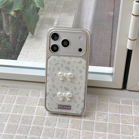 淡色系 iPhone17Pro/17ケース リボンデコ 草花柄 iPhone17ProMax/16Pro/15カバー キュート ガーリーファッション 韓国っぽ[M6083]