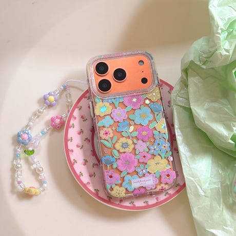 カラー花 iPhone17pro/17ケース キラキラ感 iPhone16promax/15proケース 花ストラップ 女子力高い[M6214]
