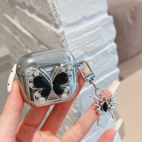 ダイヤ蝶 AirpodsPro3ケース メッキ Airpods3/pro2カバー 可愛い キーホルダー付 おしゃれ[M6396]