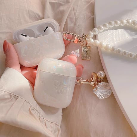 Airpods 4 ケース  めっちゃ可愛い シェル風 Airpodspro2/proカバー シェルチャーム/パールストラップ 女子力高い[M4723]