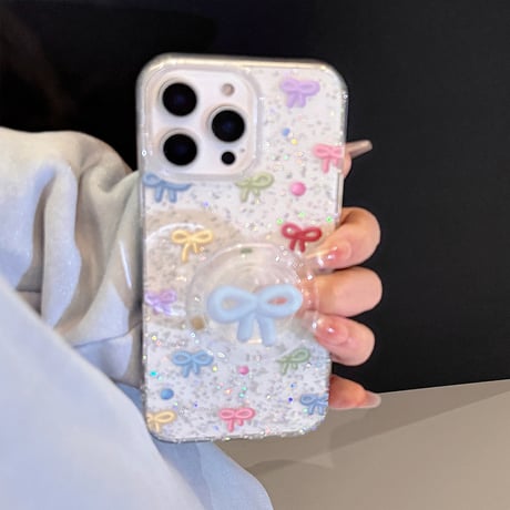 大人可愛い iPhone16/16proケース リボン グリップ付き iPhone14/13pro/12proカバー ラメ入り キラキラ[M5164]