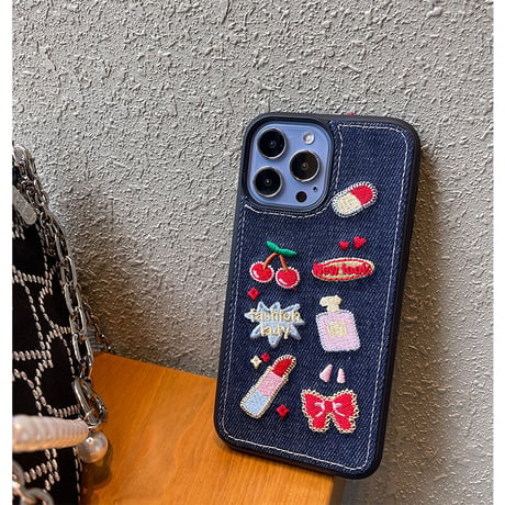 デニム Fashion Lady iPhone14/14proケース  刺繡 秋冬人気  アイフォン13/12/11カバー  高品質  高級感 女子力アップ [M2249]