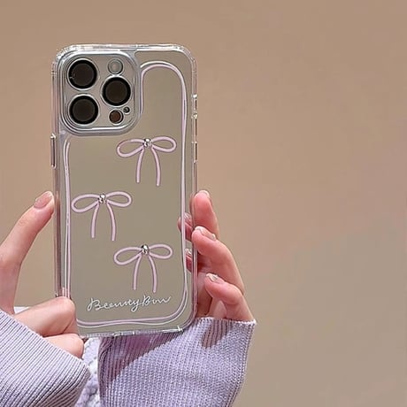 鏡付 リボン iPhone15/15proケース 女子力アップ iPhone14promax/13pro/12ケース パープルカラー 可愛い[M4287]