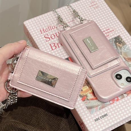 カード収納 iPhone15/15プロケース ショルダーチェーン付 ピンクiPhone14/13pro/12ケース かわいい 便利 [M4156]