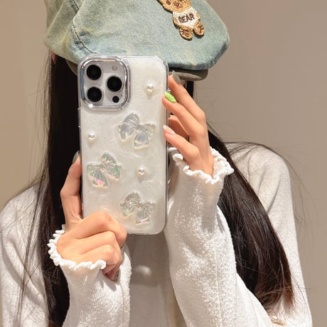 キラキラリボン iPhone16/16Proケース パールデコ iPhone15Pro/14/13/12カバー かわいい 女子力UP [M5018]