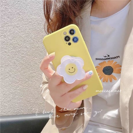 イエロー iphone12/13ケース  笑顔の花のスマホグリップ付 iphoneSE2/XS/11カバー  頑丈 耐衝撃 卓上スタンド機能付 M745