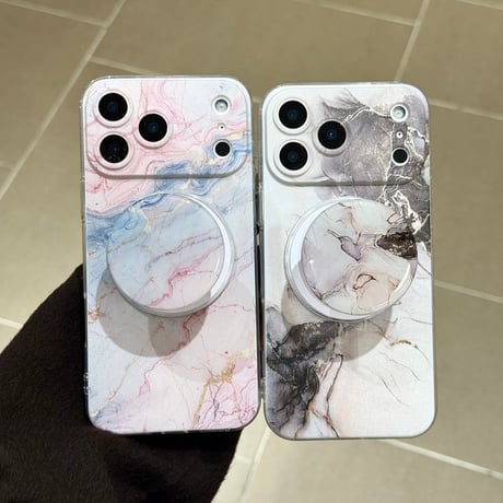 大理石調 iPhone17/17Proケース マグネット式グリップ付 iPhone16Pro/15ProMaxケース 便利なスタンド機能 オシャレ[M6092]
