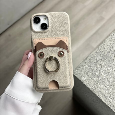 リングカード入れ付 iPhone16/16Proケース 熊 レザー アイフォン15pro/13mini/12/14カバー レザー 高品質 超便利[M4639]