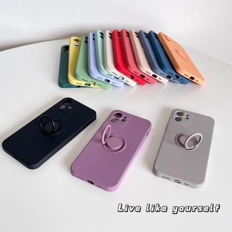 iPhone16/16Proケース リング付  高品質シリコン iphone15pro/14/13mini/12/11proカバー   シンプル  お揃い 手さわりよい スタンド[M2194]