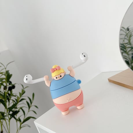でぶちゃん airpodsケース ウエイトリフティング airpodsproカバー  面白い キーリング付  頑丈ソフトケースM503