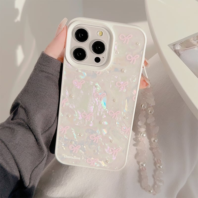 シェル風 iPhone15/15proケース パールリボン柄 iPhone14/13pro/1