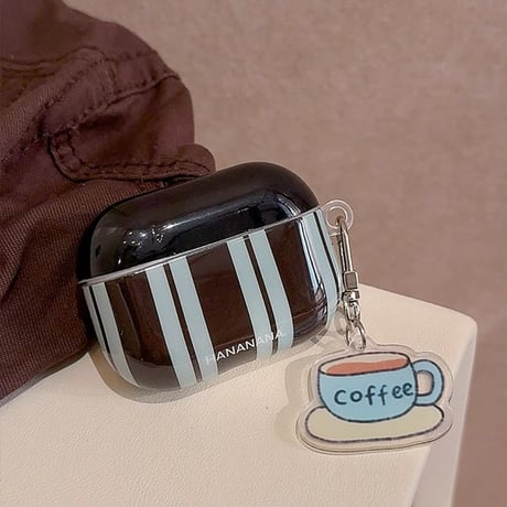 Airpods 4ケース 縞模様 コーヒーチャーム付 AirpodsPro2/Pro1カバー  エアポッズ3/2 シック インスタ人気[M4705]