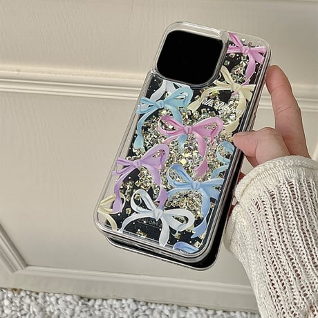 動くダイヤ iPhone15/15proケース リボン柄 iPhone14/13pro/12クリアケース かわいい女子力アップ[M4506]