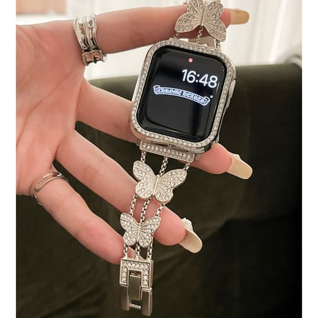 ジュエリー蝶 AppleWatchバンドSeries 10/9/8 高級感 AppleWatchベルト 10 Ultra3/2/1 SE3/2/1高品質 エレガントキラキラ[M5647]