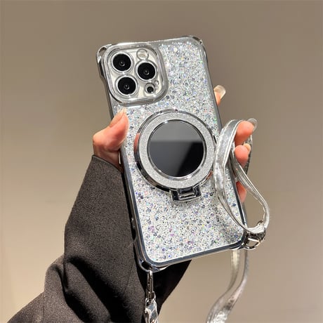 鏡リングスタンド付 iPhone16/16proケース ラメ入り iPhone15pro/14/13カバー バックチャーム/ショルダーストラップ付 [M5394]
