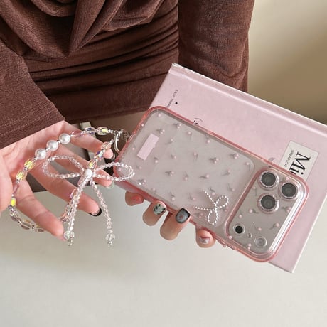 キラキラピンク iPhone17/17proケース 花柄 リボンデコ iPhone17promax/16/15Proカバー 綺麗ストラップ 女子ファッション[M5959]