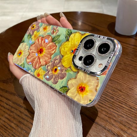 油絵花 iPhone15/15proケース キラキラ レンズフィルム付き iphone14/13/12proカバー きれい 女子力アップ[M3848]