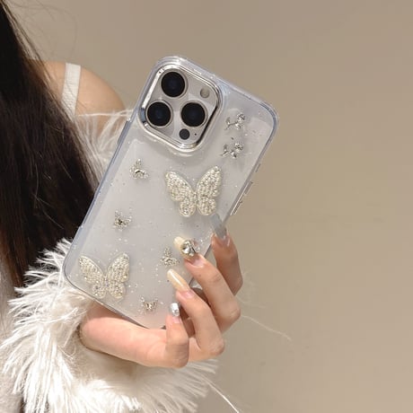 パール/ジュエリー蝶々 iPhone16/16Proケース  ストラップ付 iPhone15Pro/14/13proカバー 華やか キラキラ 高品質 [M5150]