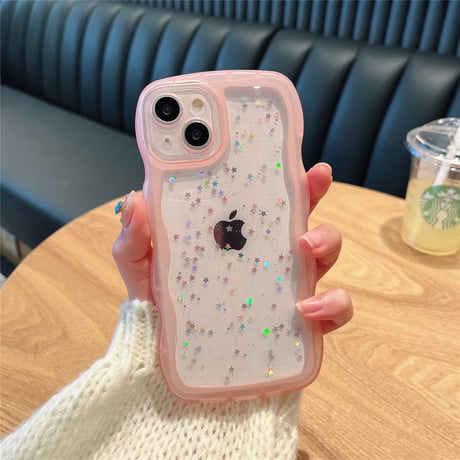うねうね iPhone15/15proケース キラキラグリッター入り iPhone14pro/13/SE3カバー ウェーブ型 クリアケース 落下防止[M3732]